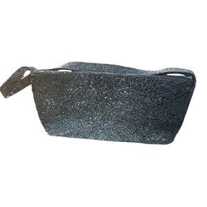 Vintage Beaded Micro Evening Bag Maeve Gray Rhinestone Sparkle Satin Lined Strap